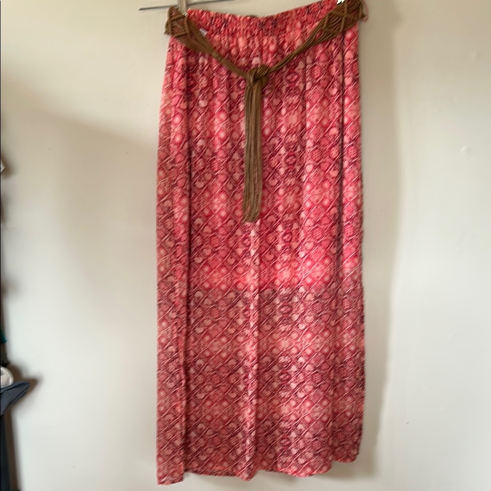 Faded glory red/peach patterned long skirt slit sides and macrame belt size 8/10